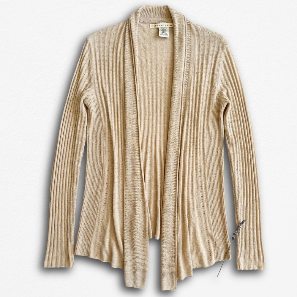 Max Studio Womens Beige Open Front Draped Cardigan Ribbed Knit Sweater 3712420 S